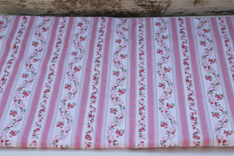 photo of vintage pink floral stripe cotton fabric, soft summer weight pillowcases fabric pillow ticking #1