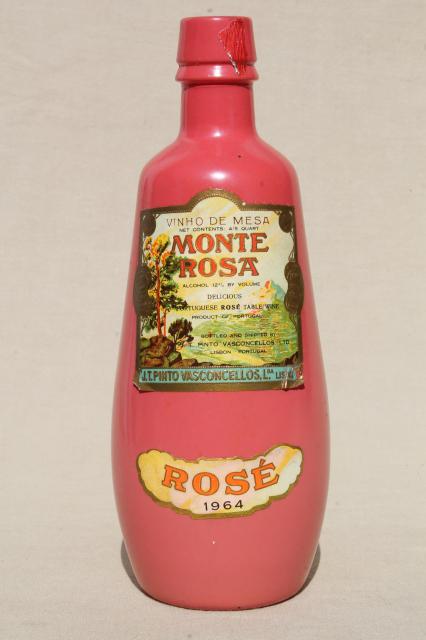 photo of vintage pink glass Rose wine bottle w/ 1964 Monte Rosa Portugal label #1