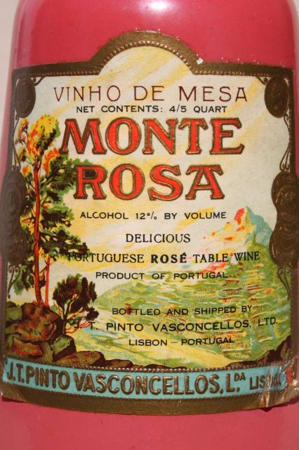 photo of vintage pink glass Rose wine bottle w/ 1964 Monte Rosa Portugal label #3