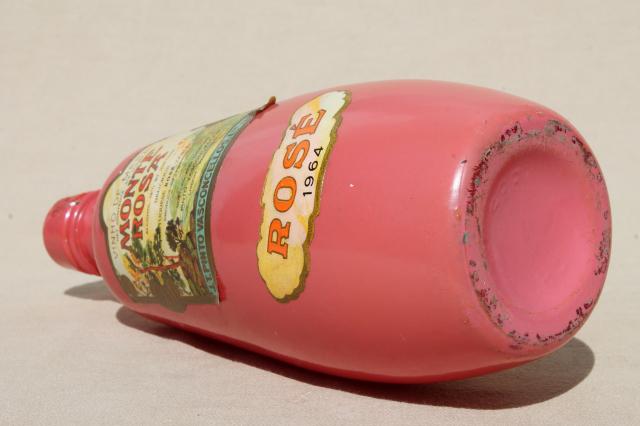 photo of vintage pink glass Rose wine bottle w/ 1964 Monte Rosa Portugal label #5