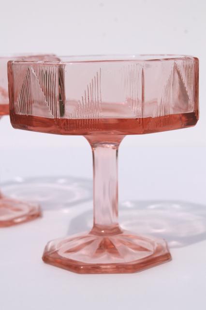 photo of vintage pink glass champagne glasses, deco style octagon shape & geometric line triangles #2