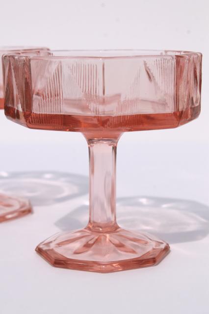 photo of vintage pink glass champagne glasses, deco style octagon shape & geometric line triangles #3