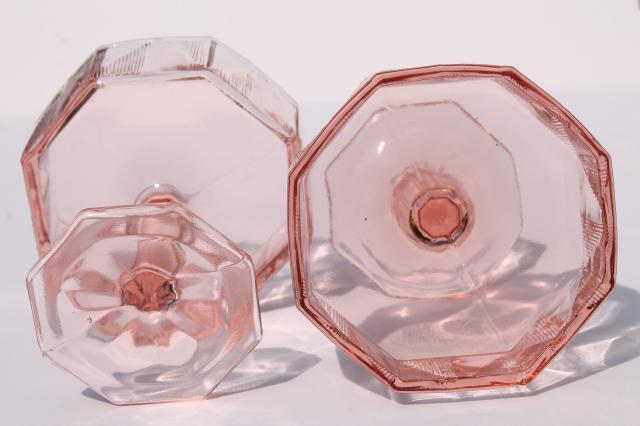 photo of vintage pink glass champagne glasses, deco style octagon shape & geometric line triangles #4