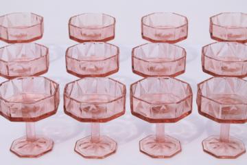 catalog photo of vintage pink glass champagne glasses, deco style octagon shape & geometric line triangles