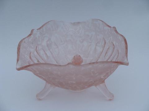 photo of vintage pink glass footed bowl w/ frosted chintz pattern, patterned satin glass #1