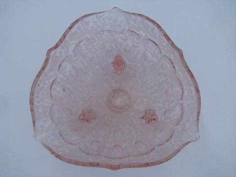 photo of vintage pink glass footed bowl w/ frosted chintz pattern, patterned satin glass #2