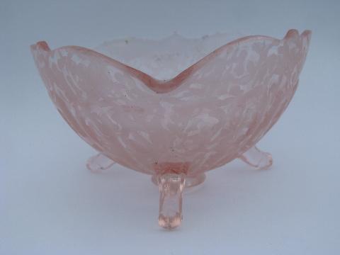 photo of vintage pink glass footed bowl w/ frosted chintz pattern, patterned satin glass #3