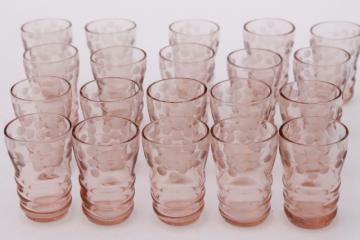 catalog photo of vintage pink glass shot glasses, tiny thimble sized shots w/ wheel cut flowers