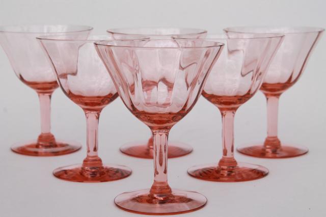 photo of vintage pink glass wine glasses, optic pattern depression glass stemware #1