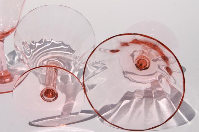 photo of vintage pink glass wine glasses, optic pattern depression glass stemware #4