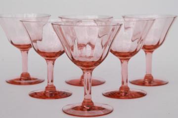 catalog photo of vintage pink glass wine glasses, optic pattern depression glass stemware