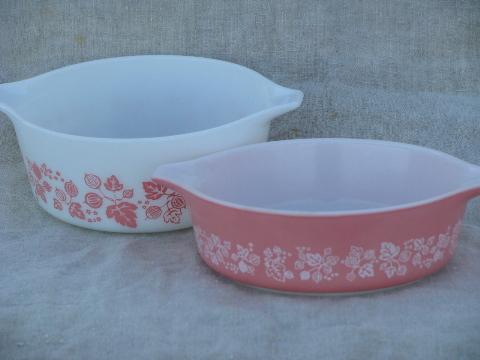 photo of vintage pink gooseberry Pyrex kitchen glass casserole baking dishes #1