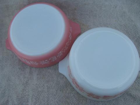 photo of vintage pink gooseberry Pyrex kitchen glass casserole baking dishes #6