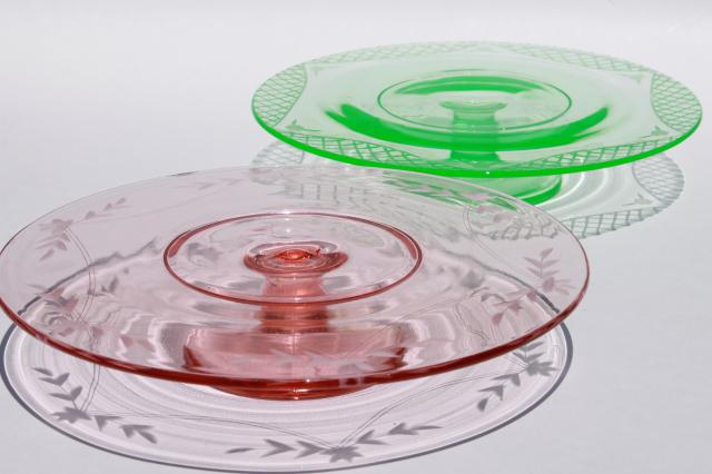 photo of vintage pink & green depression glass cake stands, etched glass pedestal plates #1