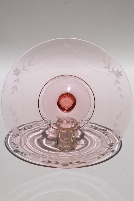 photo of vintage pink & green depression glass cake stands, etched glass pedestal plates #6