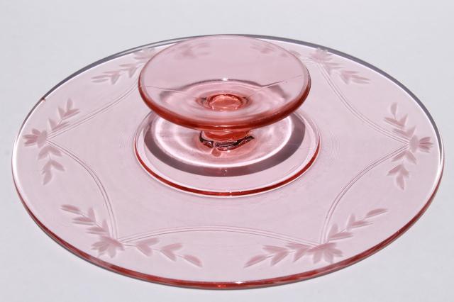 photo of vintage pink & green depression glass cake stands, etched glass pedestal plates #9