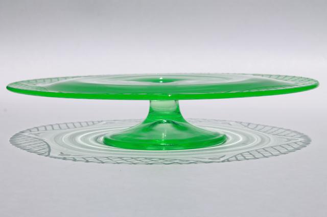 photo of vintage pink & green depression glass cake stands, etched glass pedestal plates #15