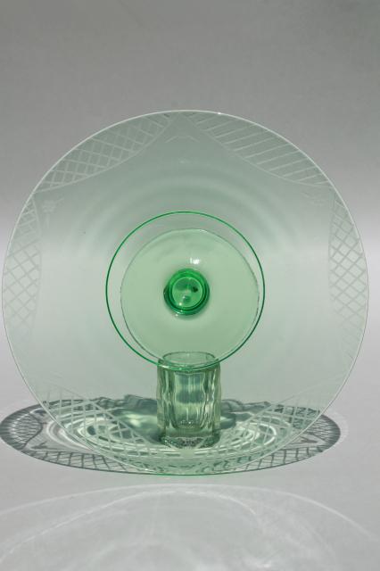 photo of vintage pink & green depression glass cake stands, etched glass pedestal plates #16