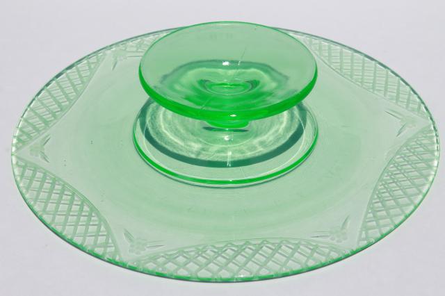 photo of vintage pink & green depression glass cake stands, etched glass pedestal plates #19