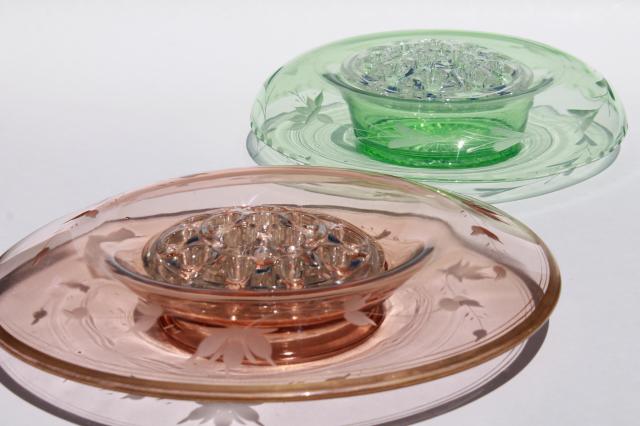 photo of vintage pink & green depression glass floral centerpiece bowls w/ flower frogs #1