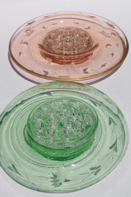 photo of vintage pink & green depression glass floral centerpiece bowls w/ flower frogs #6
