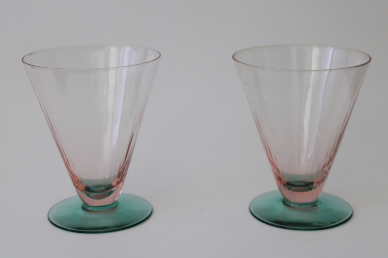 photo of vintage pink & green watermelon depression glass tumblers paneled rib optic #1