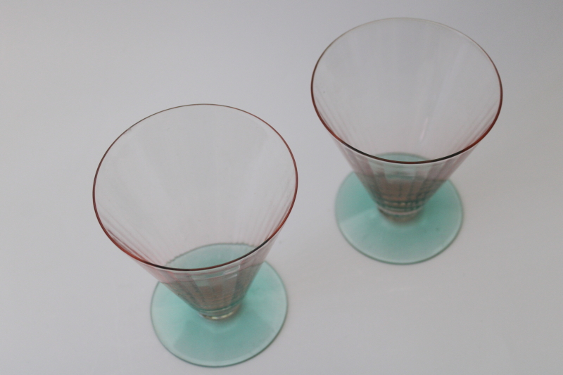 photo of vintage pink & green watermelon depression glass tumblers paneled rib optic #4