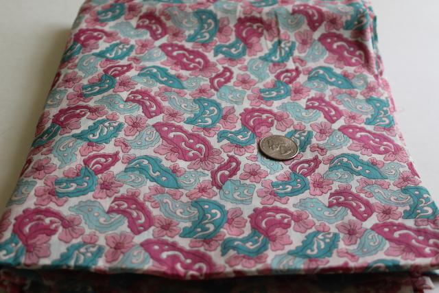 photo of vintage pink, mint, teal paisley print fabric, fine soft light cotton batiste #1