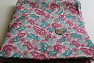 catalog photo of vintage pink, mint, teal paisley print fabric, fine soft light cotton batiste