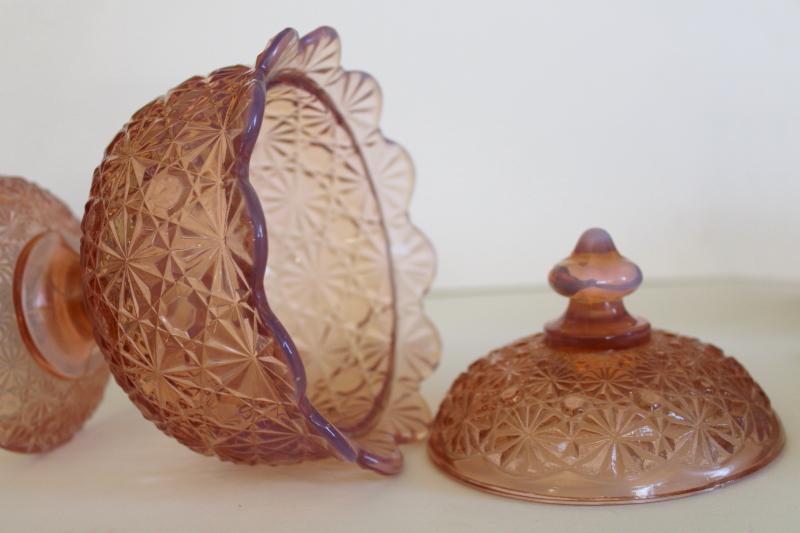 photo of vintage pink opalescent glass candy dish, LE Smith daisy and button pattern pressed glass #2