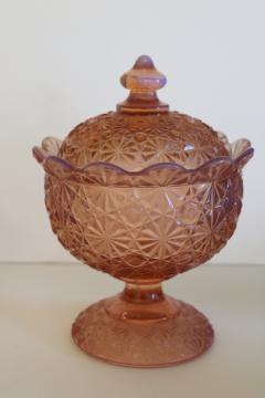 catalog photo of vintage pink opalescent glass candy dish, LE Smith daisy and button pattern pressed glass