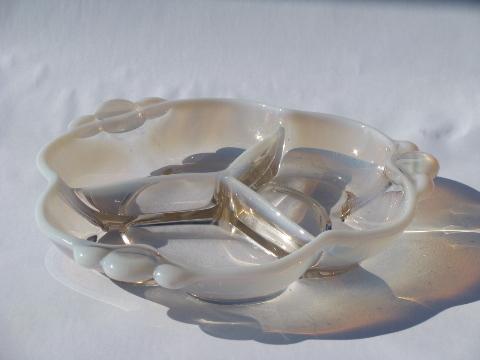 photo of vintage pink opalescent glass divided bowl relish dish plate, Duncan & Miller canterbury #2