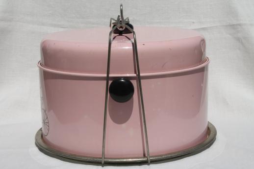 photo of vintage pink painted metal cake saver cover, cake & pie keeper & potluck carrier #2