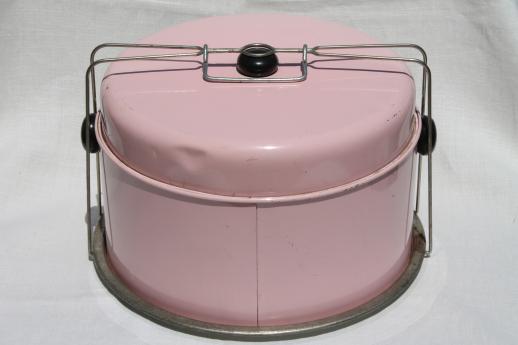 photo of vintage pink painted metal cake saver cover, cake & pie keeper & potluck carrier #3