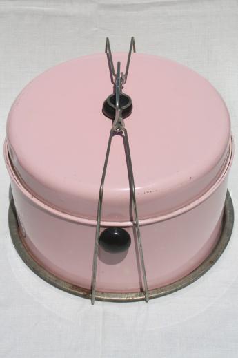 photo of vintage pink painted metal cake saver cover, cake & pie keeper & potluck carrier #7