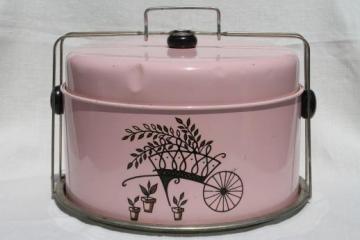 catalog photo of vintage pink painted metal cake saver cover, cake & pie keeper & potluck carrier