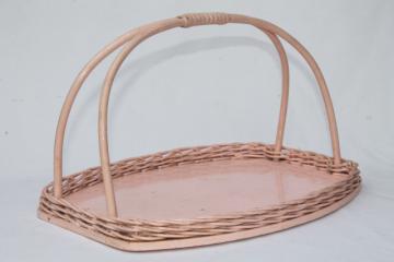 catalog photo of vintage pink painted wicker basket handle tray, retro 1950s shabby cottage chic