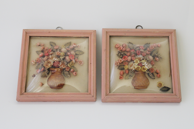 photo of vintage pink painted wood frames w/ square domed bubble convex glass, miniature floral arrangements #1