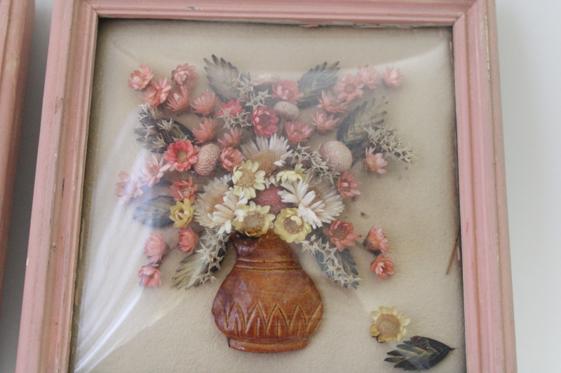 photo of vintage pink painted wood frames w/ square domed bubble convex glass, miniature floral arrangements #2