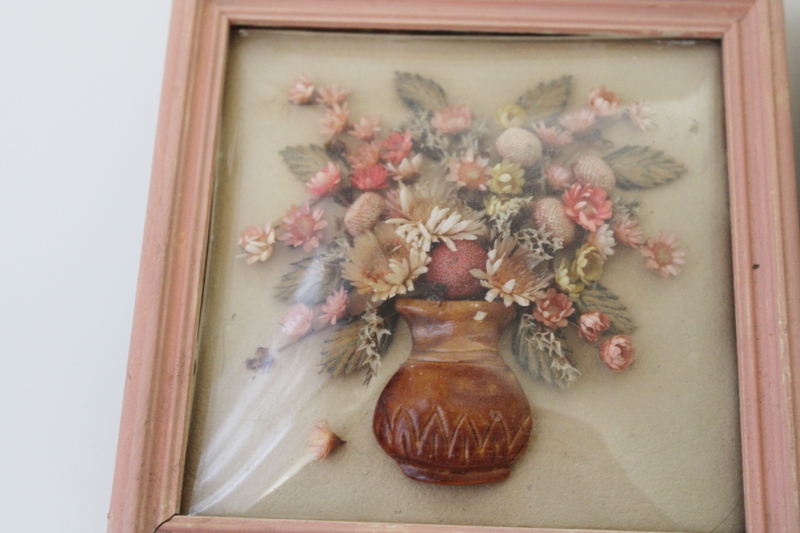 photo of vintage pink painted wood frames w/ square domed bubble convex glass, miniature floral arrangements #3