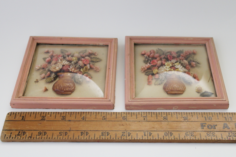 photo of vintage pink painted wood frames w/ square domed bubble convex glass, miniature floral arrangements #4