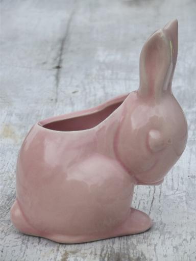 photo of vintage pink rabbit baby bunny planter, old unmarked USA pottery planter #2