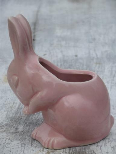 photo of vintage pink rabbit baby bunny planter, old unmarked USA pottery planter #4