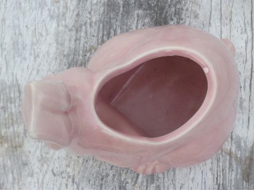 photo of vintage pink rabbit baby bunny planter, old unmarked USA pottery planter #6