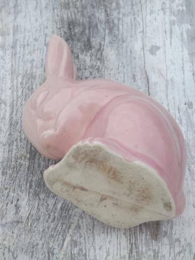photo of vintage pink rabbit baby bunny planter, old unmarked USA pottery planter #7