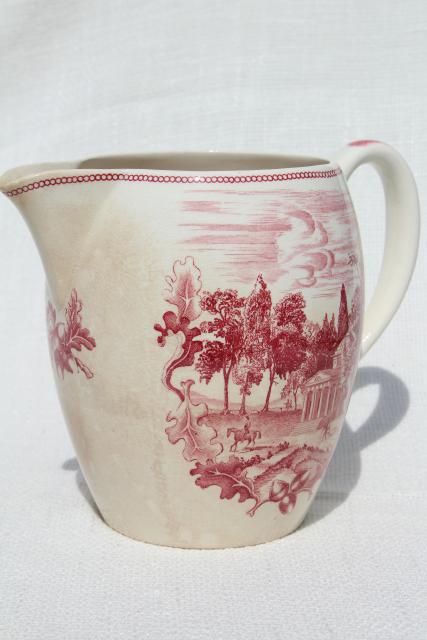 photo of vintage pink red transferware china pitcher, Monticello Historic America Johnson Bros #1