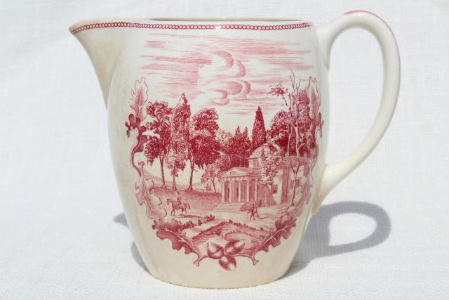 photo of vintage pink red transferware china pitcher, Monticello Historic America Johnson Bros #2