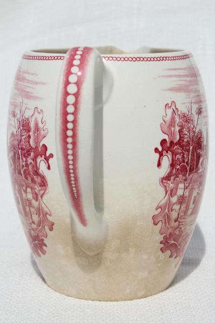 photo of vintage pink red transferware china pitcher, Monticello Historic America Johnson Bros #3