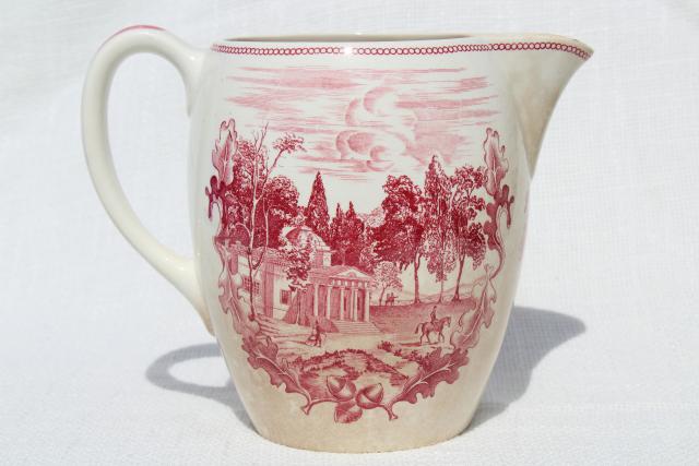 photo of vintage pink red transferware china pitcher, Monticello Historic America Johnson Bros #4