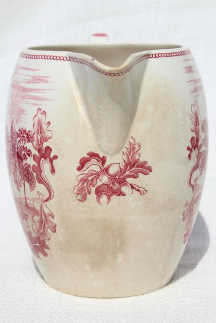 photo of vintage pink red transferware china pitcher, Monticello Historic America Johnson Bros #5